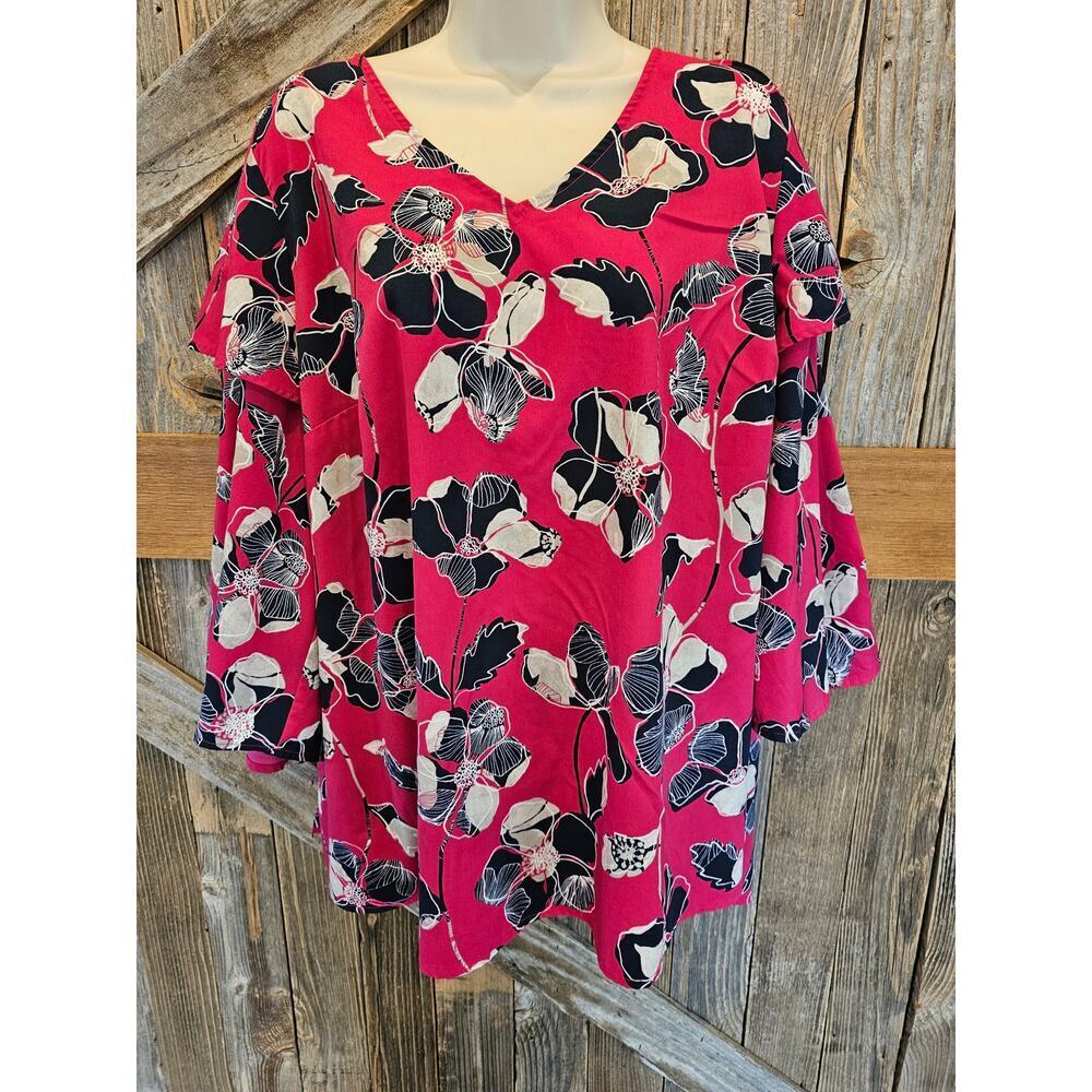 Lane Bryant size hot pink floral ruffle sleeve EUC Career Casual 18/20 women ^